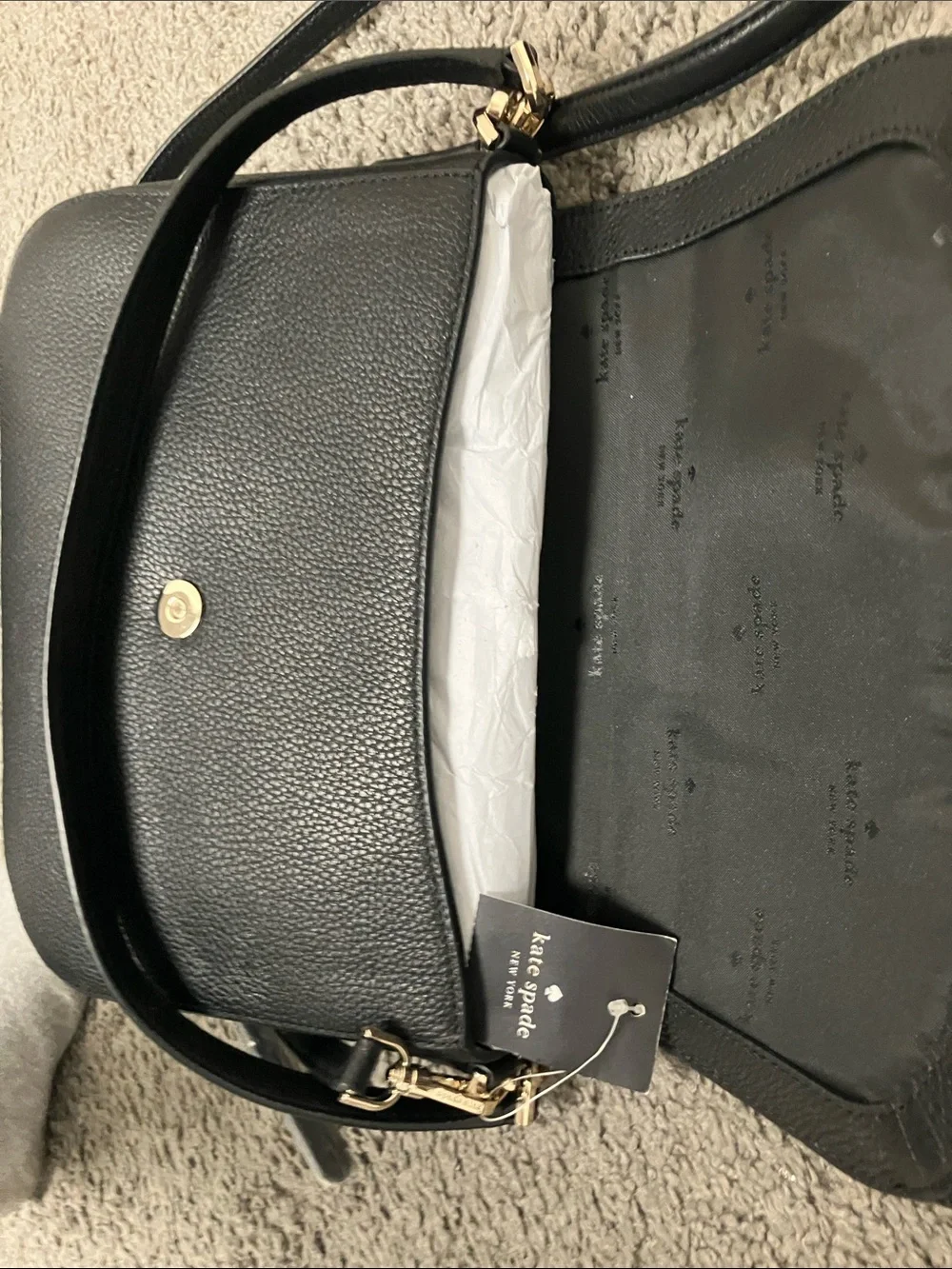 kate spade Black Pebbled Leather Flap Crossbody with Gold Hardware